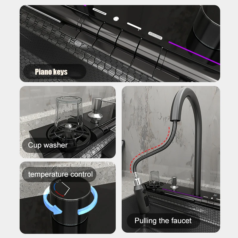 حوض مطبخ شلالي من الفولاذ المقاوم للصدأ ، فتحة واحدة كبيرة متعددة الوظائف ، حوض غسيل بشاشة رقمية مدمجة ، جديد