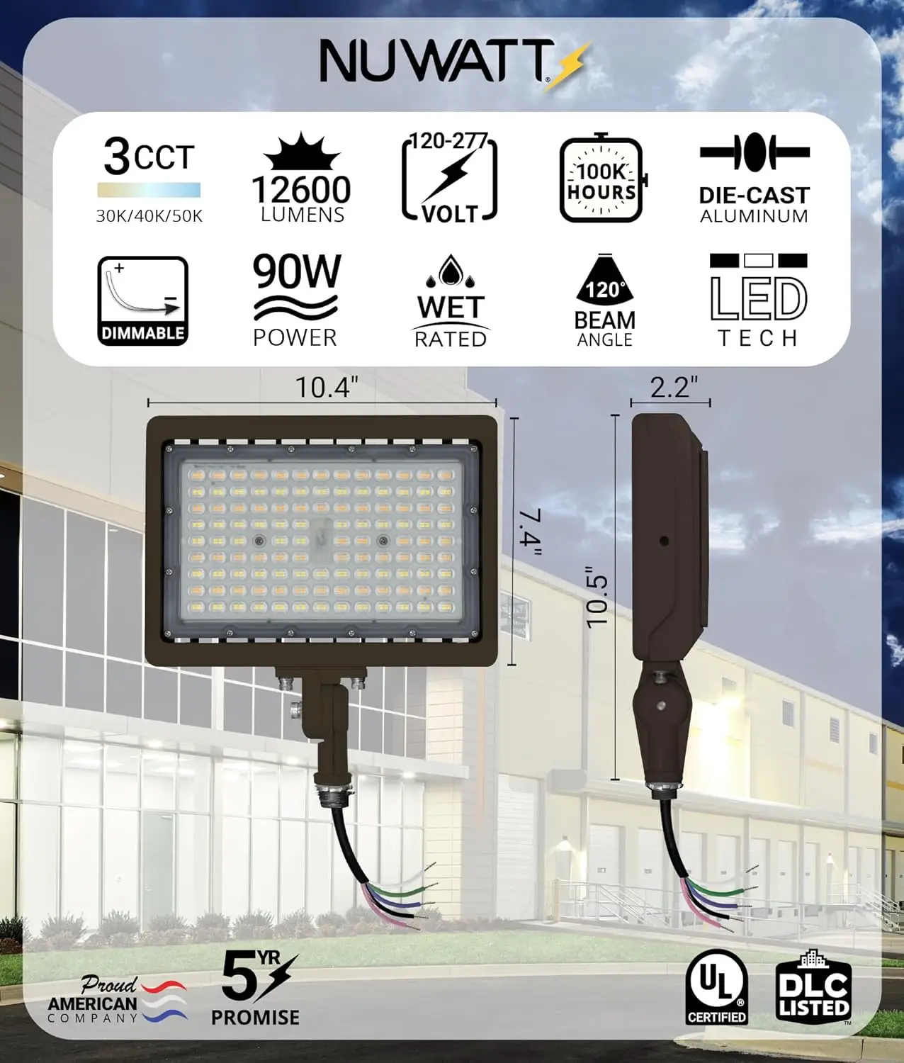 90W LED Flood Light, 3 Color Temperatures Selectable, IP65 Waterproof, Adjustable Mount, 12600LM Dimmable for Outdoor Security
