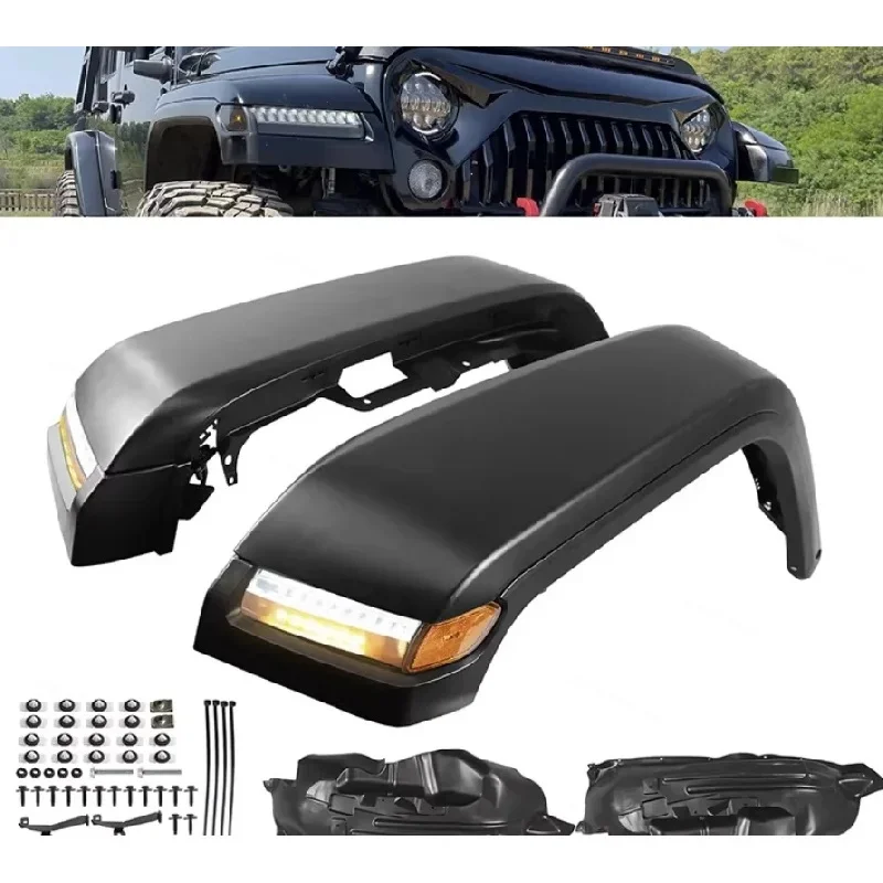 `Premium Aluminum Front Flares Kit With DRL Turn Signal JL Style Exterior Heavy Duty Durable Sport Fit`