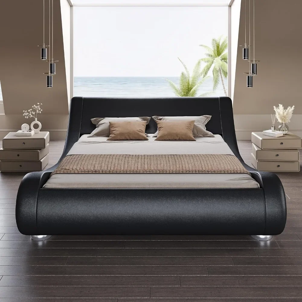 Queen Size Upholstered Bed Frame, Deluxe Low Profile Sleigh Bed with Faux Leather Ergonomics Headboard