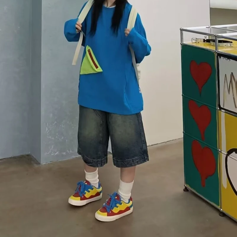 Weibliche Sommer Neue Casual Streetwear Denim Shorts Y2K Retro Baggy Gewaschen Jeans Frauen Amerikanischen Hohe Taille Breite Bein Capri Hosen