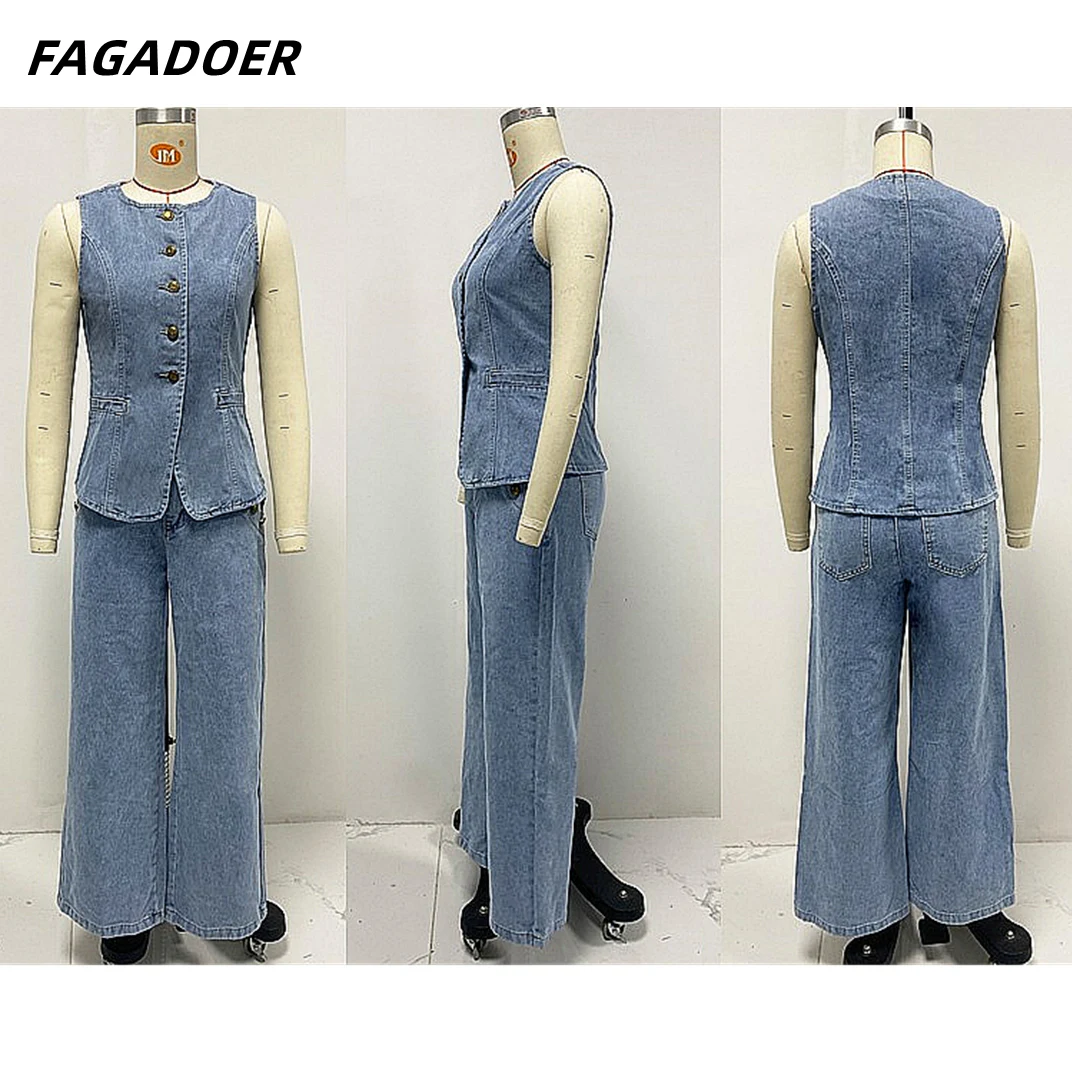 FAGADOER Fashion Denim Two Piece Set For Women Sleeveless Buttons Patchwork Slim Jacket And High Waist Wide Leg Jeans Outfit