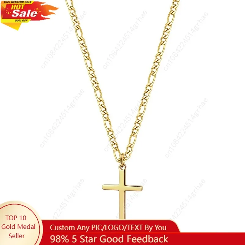 

Joxevyia 14K Gold Filled Cross Necklace for Men Figaro Chain Stainless Steel Polished Cross Pendant Necklace Simple Baptism Fait
