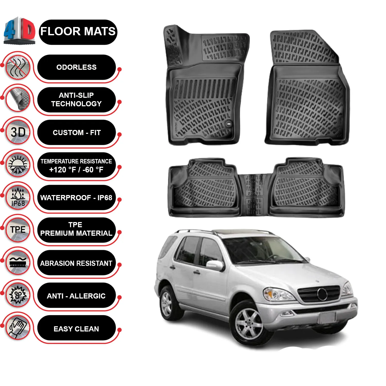 Mercedes ML Series W163 - (1998-2005) Floor Mats Liner Waterproof 3D - (Black)