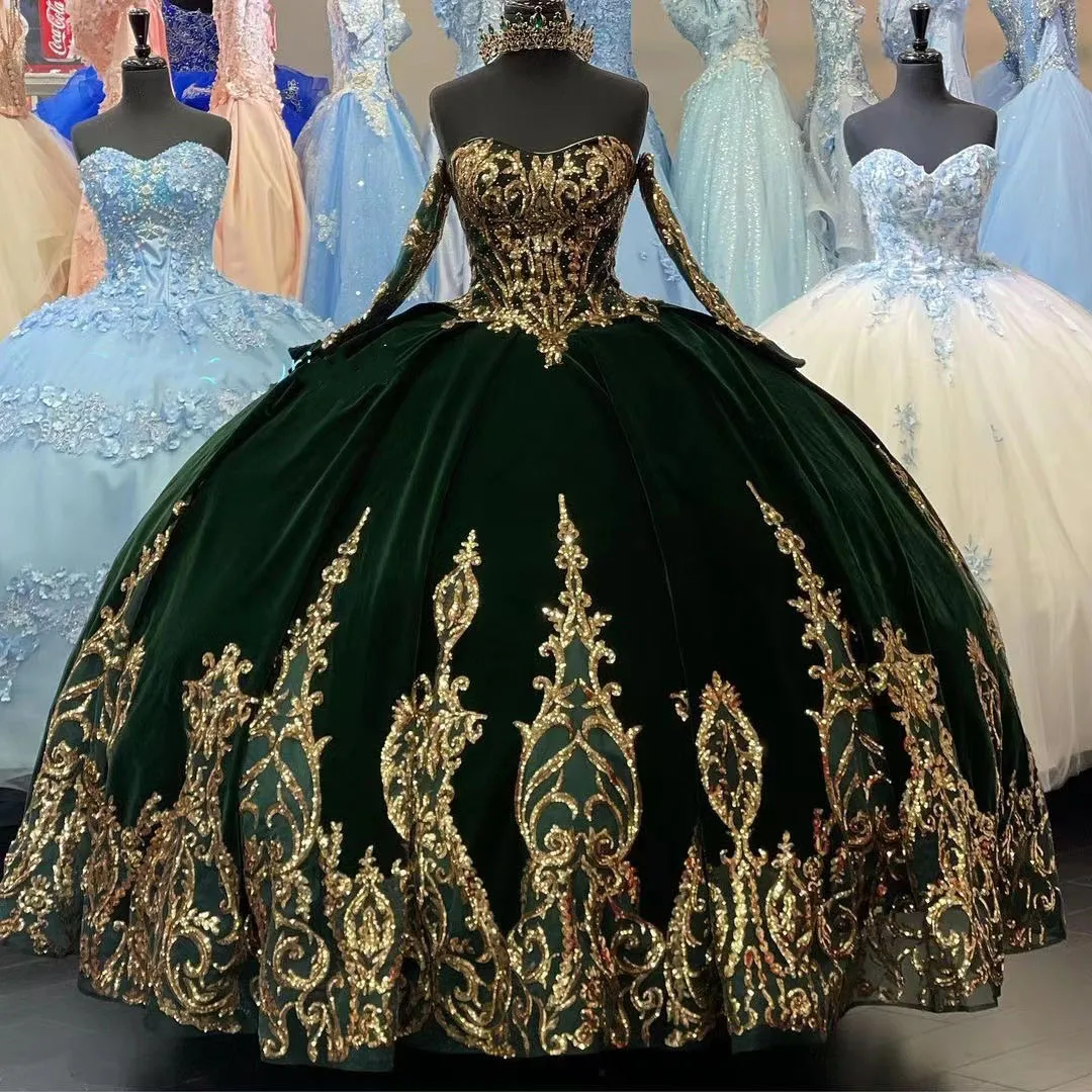 Vestidos de terciopelo verde para quinceañera, vestido de baile con apliques de lentejuelas, vestidos de graduación, dulce 15 16, personalizado