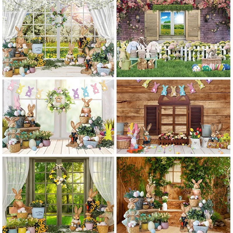 

Easter Window Decorations Backdrops for Photography 2024 Rabbit Bunny Eggs Spring Flowers Garden Photoshoot Backgrounds Banner