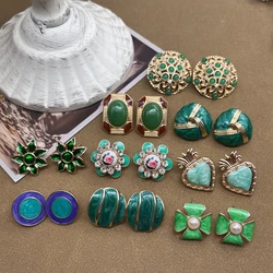 Green Enamel Rectangle Round Flower Drip Oil Studs For Women Girls Jewelry Gift Party Earrings