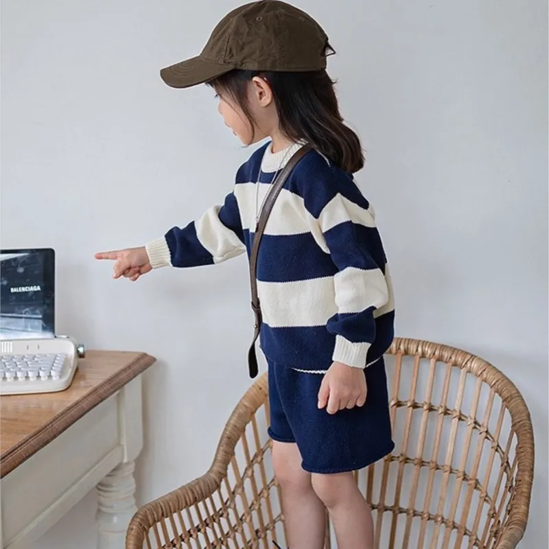 Fashion Baby Girl Boy Striped Knitted Sweater Shorts Knitwear Infant Toddler Spring Autumn Winter Knit Suit Baby Clothes 1-5Y