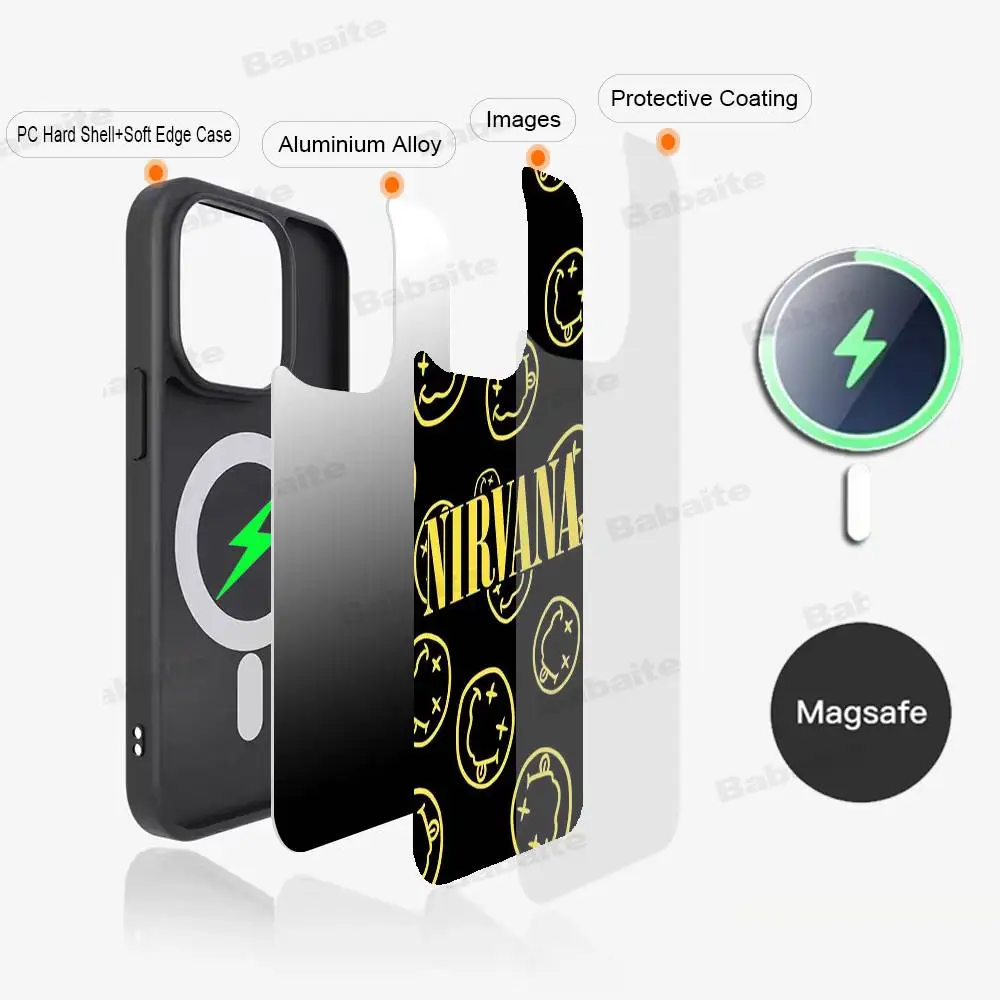 N-Nirvana Rock Band Magsafe Magnetic Phone Case Wireless PC+TPU For IPhone 11 12 13 14 15 16 17 Pro Max Plus