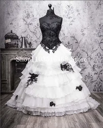 Vintage Black White Wedding Dresses Gothic Bodice Corset Lace Beaded Applique A-line Puffy vestido de noiva