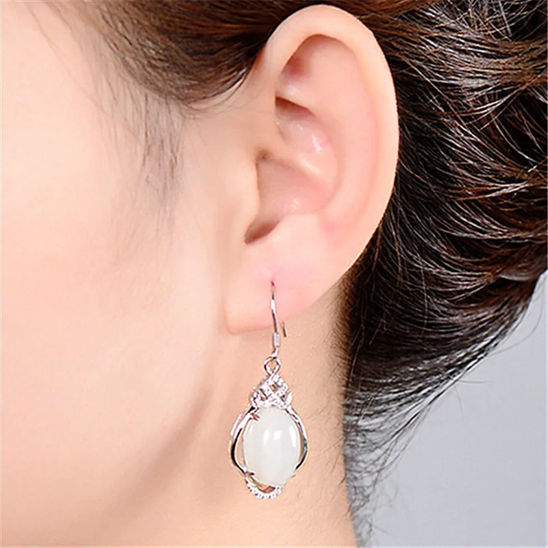 Chinese Natural Jade Green Hand-carved Plum Blossom Earrings Fashion Boutique Jewelry Men and Women Earrings Popular Gifts