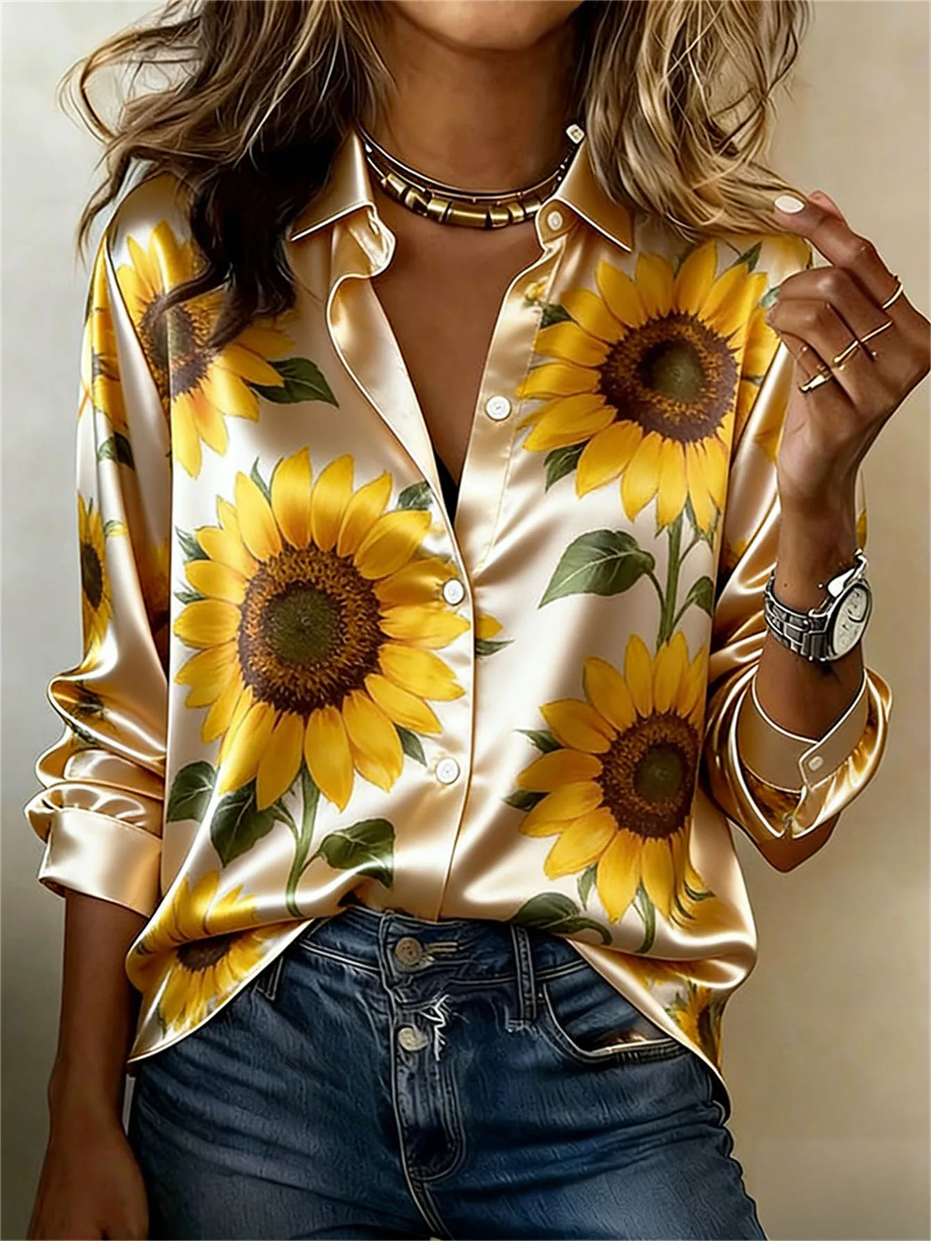 Women Star Sunflower Floral Cat Stripe Wave Printed Lapel Collar Long Sleeve Shirt Loose Button Down Casual Blouse Tops