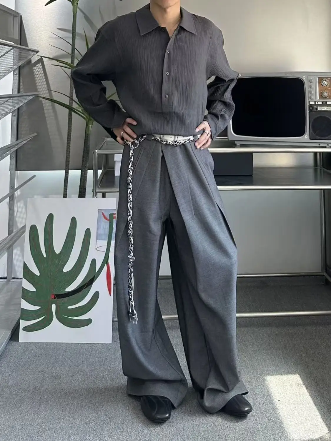 

Retro American Design Pleated Wide Leg Pants Men's Side Buttoned Deconstructed Floral antung Long Trousers Youth Casual