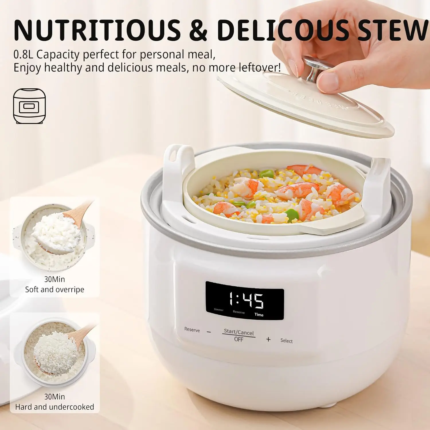 흰색 소형 슬로우 쿠커, 스마트 약속, 세라믹 인테리어 냄비, 자동 다기능 밥솥, 전기 스튜, 요구르트, 1QT