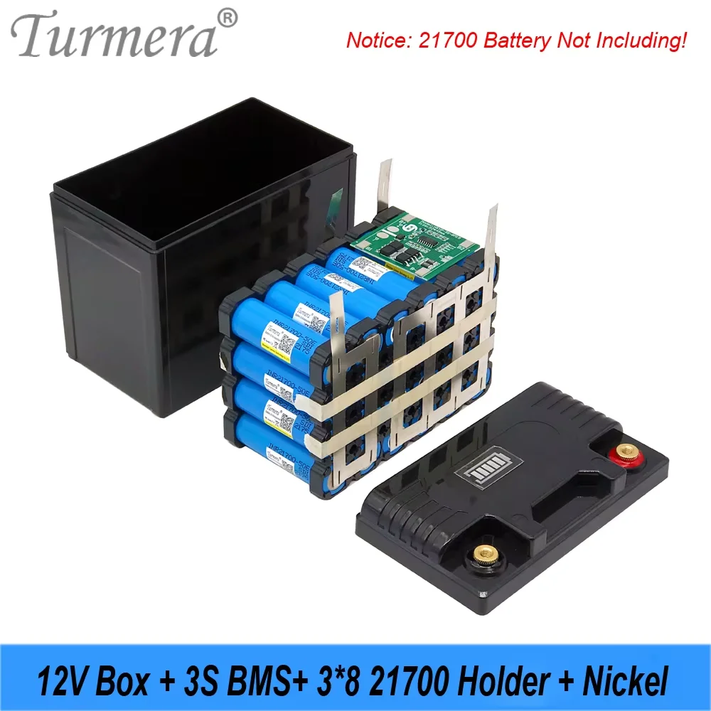 Turmera 12V Motorcycle Battery Case 3*8 21700 Battery Holder 40A Balance BMS 5V 2.1A QC3.0 2*USB Port for UPS Camping Power Bank