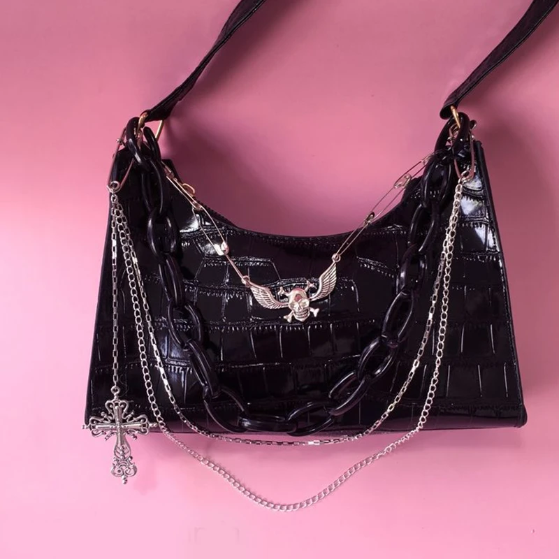 Krokodil Muster Handtasche Y2k Kreuz Schädel Umhängetasche Hot Girl Kette Sommer Subkultur Dark Punk Unterarm Tasche – Detail 15
