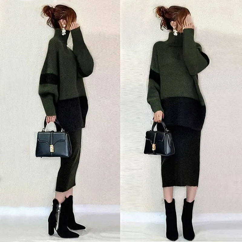 

2025 New Niche Color Blocking Splicing Knitted High Neck Sweater+half Skirt Fashion
