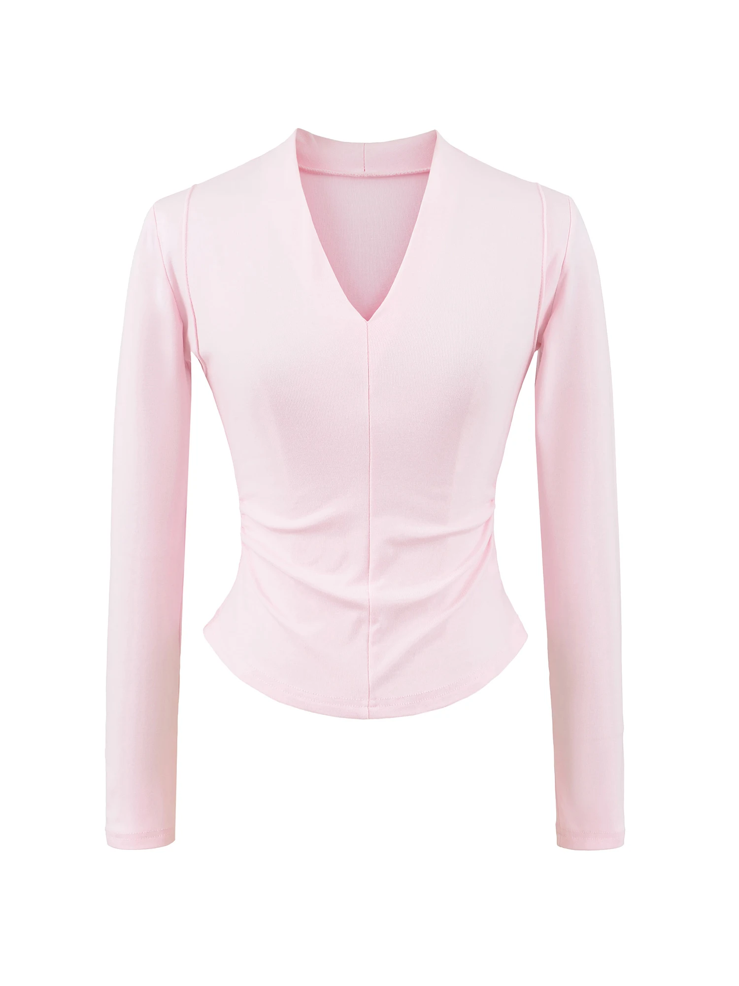 섹시한 미국 스타일 긴팔 티셔츠 여성 슬림핏 허리 조임 V넥 단색 기본 셔츠 면 폴리에스터 혼방