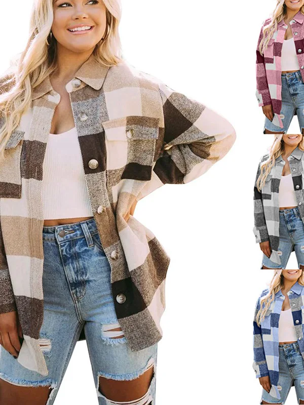 

Women's Plaid irt Single-Breasted Jaet Street Sle Slim Fit Woolen Coat Breathable ort Sve V-Ne Spring Faion