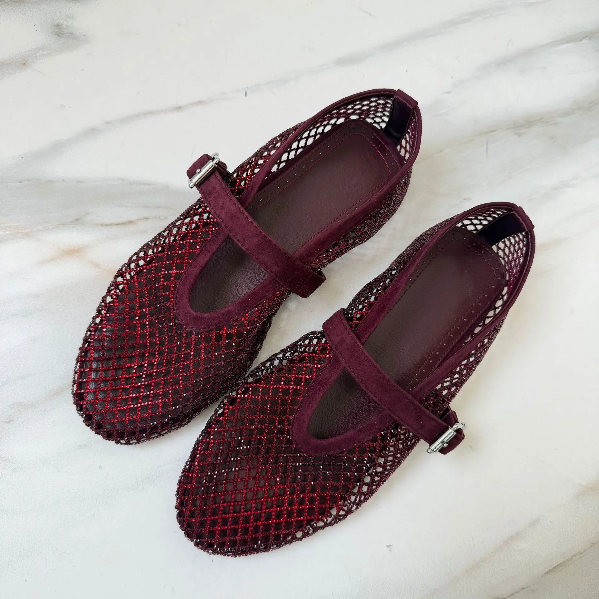 

Ballet Dancing Shoes For Women Flat Sole Hollow Mary Janes Single Shoes Female Rhinestones Mesh Breathable Chaussures Lady 2026