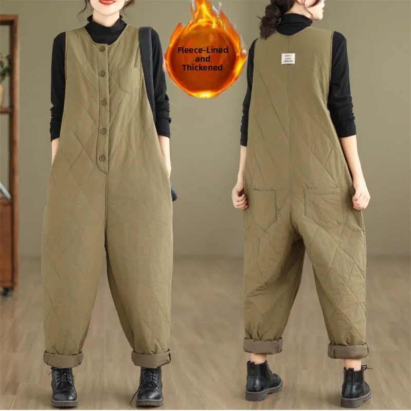 Retro thiened algodão para baixo calças femininas soltas casuais outerwear inverno workwear macacão confortável l cintura calças compridas