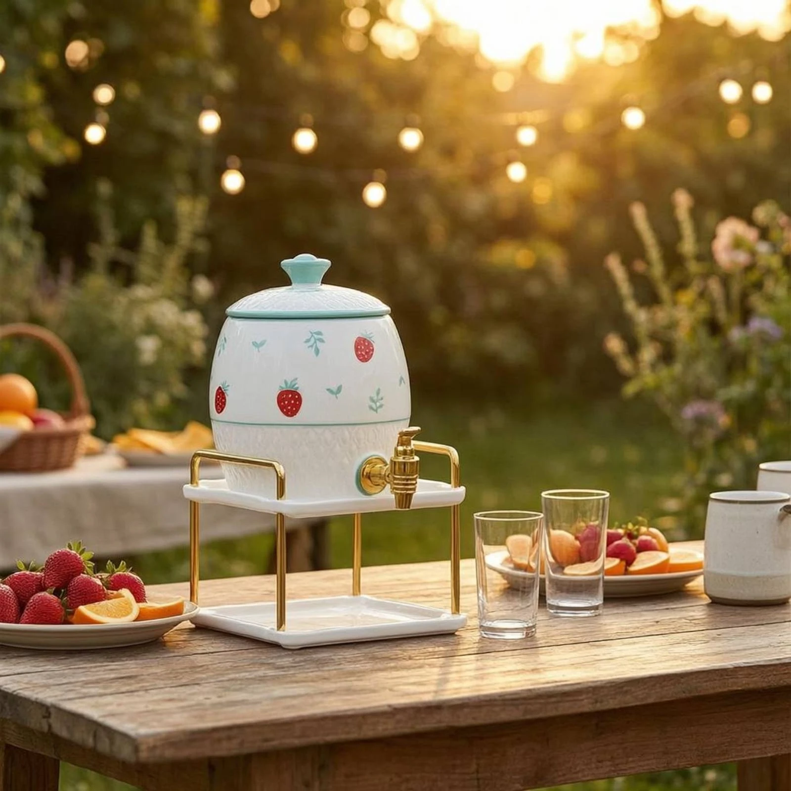 Ceramic Water Dispenser Strawberry Pattern Ceramic Drink Dispenser Porcelain Water Ceramic Water Vessel Built-in Faucet