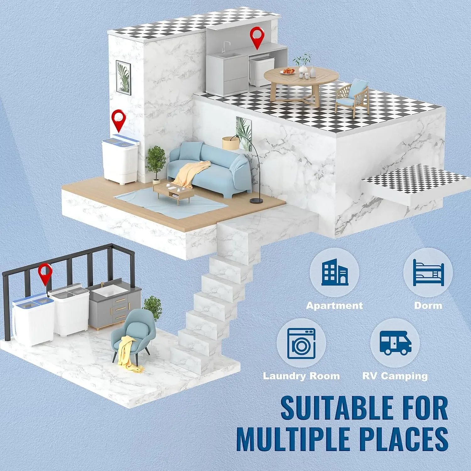 غسالة صغيرة محمولة مع حوض مزدوج وغسيل مجفف ومجفف دوار بسعة 22 رطل للتخييم والشقق والمساكن