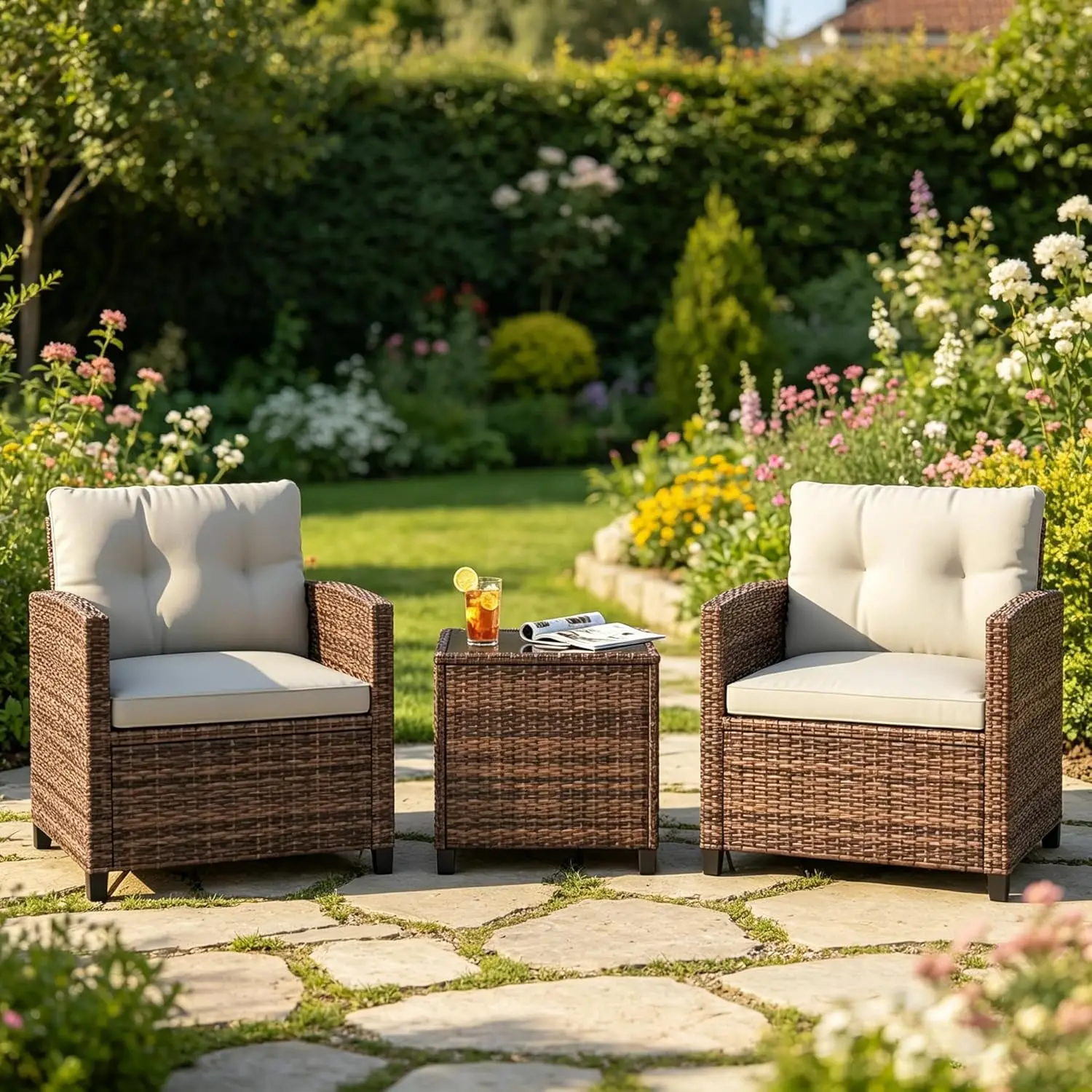 3 Piece Rattan Patio Furniture Set, Outdoor Wicker Chairs with Side Table, All-Weather Conversation Set for Garden, Balcony, Porch or Backyard, Brown Gradient Wicker with Beige Cushions