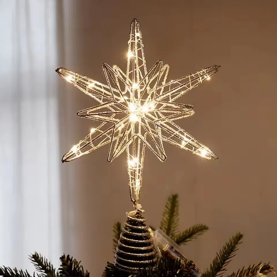 Weihnachtsbaum-Topper, Stern mit LED-Lichterketten, Ornamente, kreative LED-Leuchten, glitzernde Weihnachtsbaum-Dekoration für Party-Dekoration