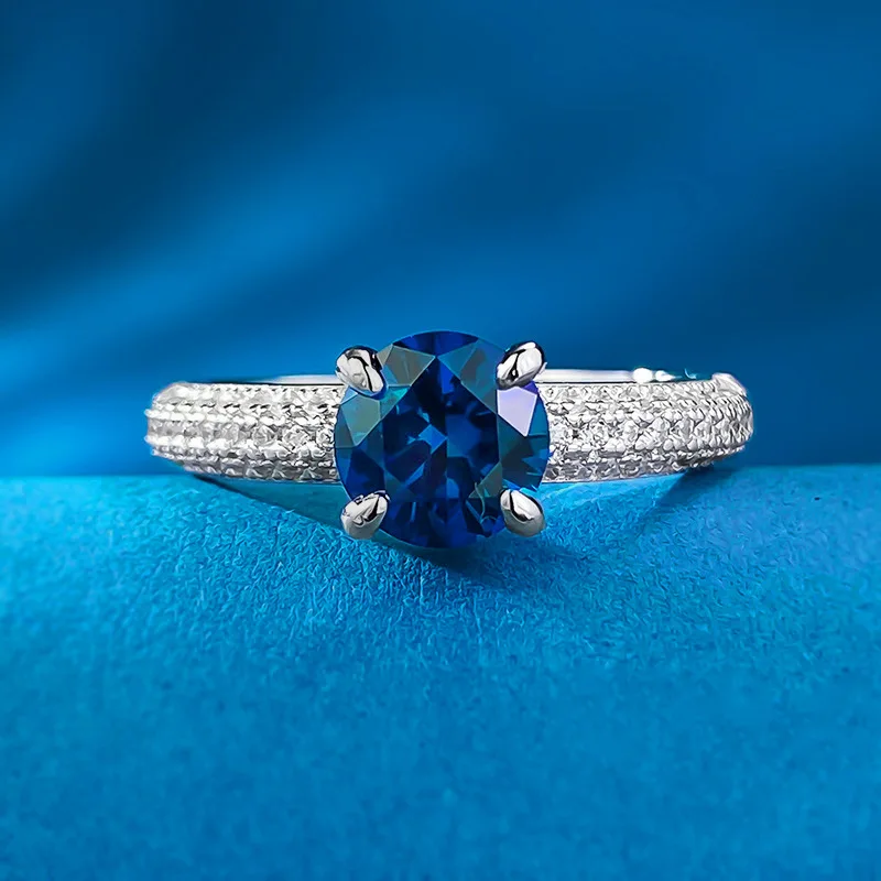 

New European and American S925 Silver One Carat Blue Treasure Ring Ring 6.5 Luxury Surrounding European and American Ring