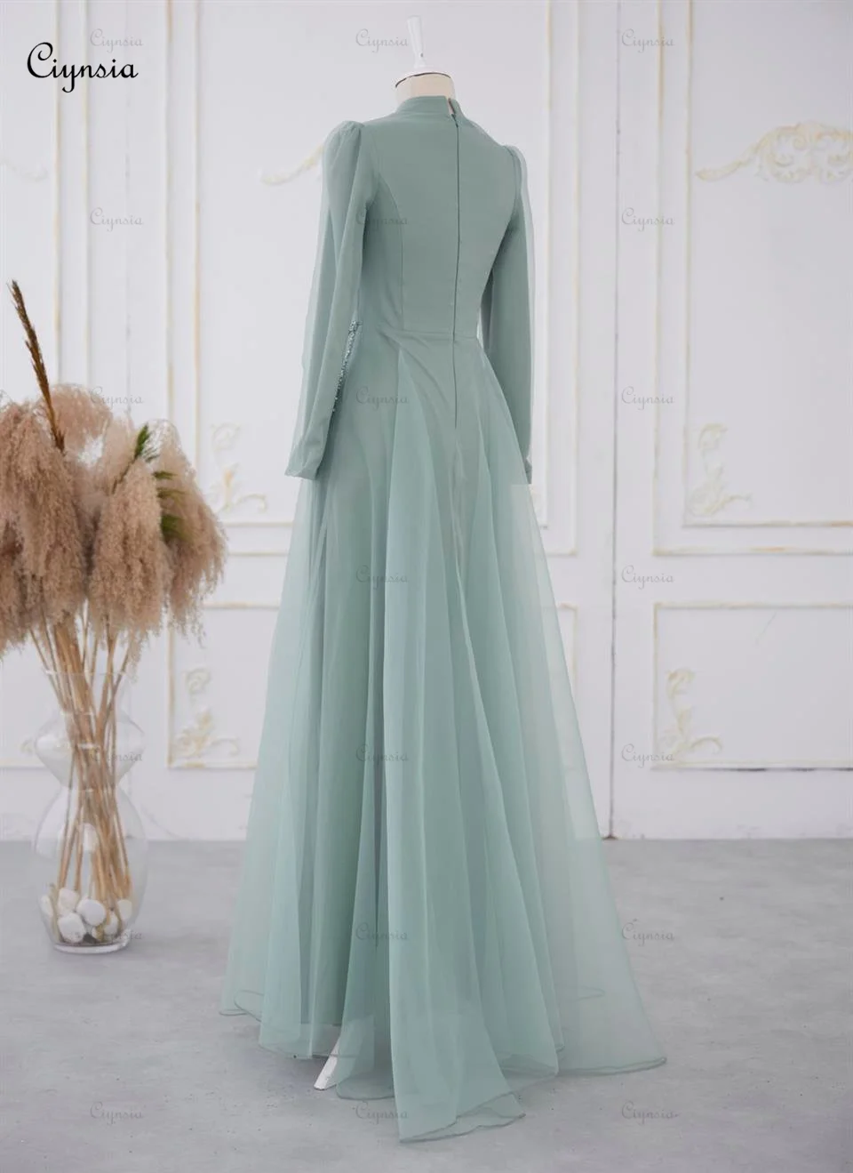 Ciynsia Muslim Hijab Islamic Evening Dress Full Sleeve Green Formal Party Gown A-Line Tulle Beaded Arabic Kafan Robe De Soiree