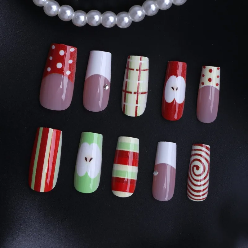 

24PCS Medium Square Press on Nails Small Fresh Cartoon Apple Striped False Nails French Manicure Cute Star Graffiti Fake Nails