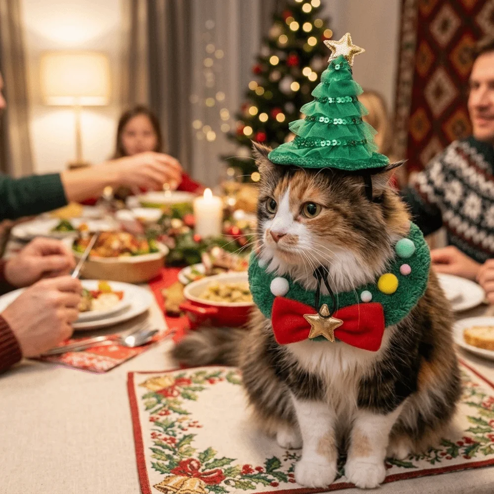 Adjustable Pet Christmas Hat Collar Kit Skin-Friendly Breathable Cat Dog Christmas Scarf Set Fluffy with Star Bow
