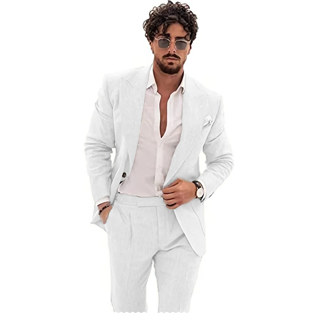Casual Men's Flax Suits 2 Pieces Linen Suit Stylish Tuxedo Suits for Men Wedding Dresses Summer Beach Suits for Men Customized