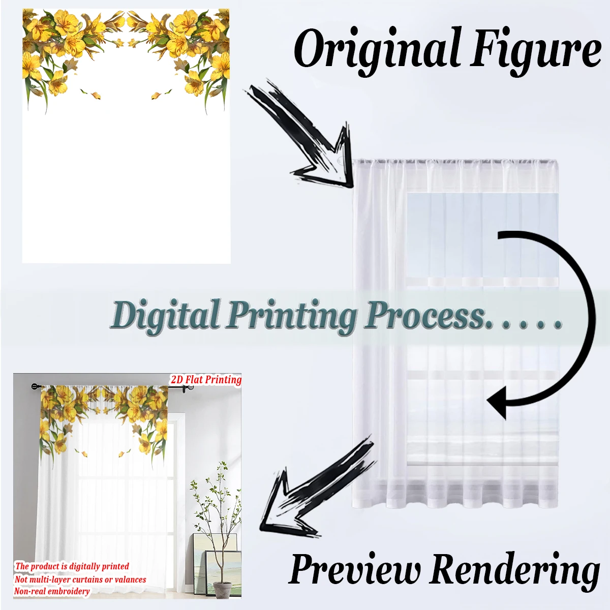 ستارة شفافة بطباعة مسطحة على شكل زهور صفراء، قماش خفيف، لغرفة المعيشة وغرفة النوم وديكور المنزل والنافذة
