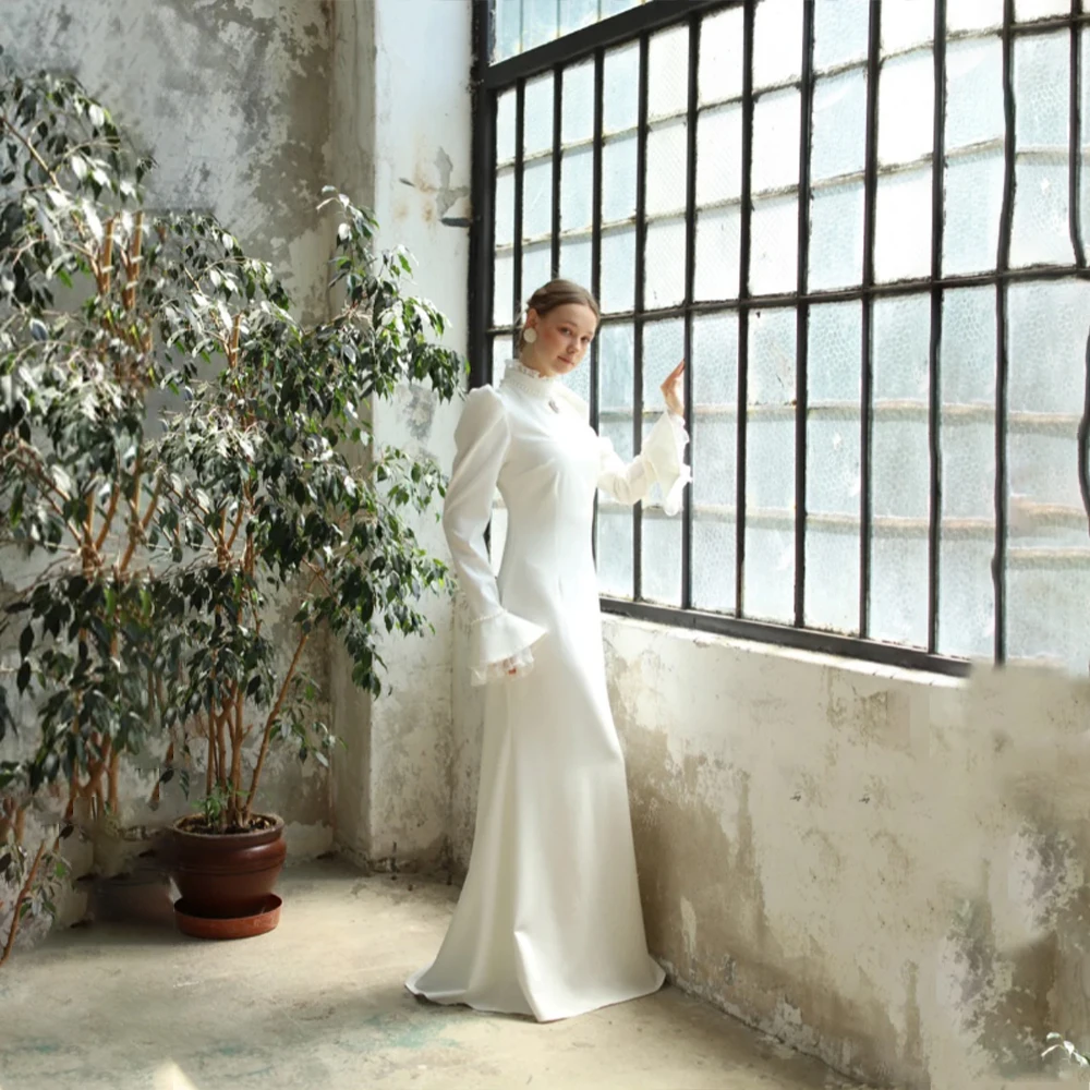 

Graceful Wedding Dresses High Neck Long Flare Sleeve Mermaid Bride Dress Lace Beads Satin Bridal Gown Customized robe de mariée