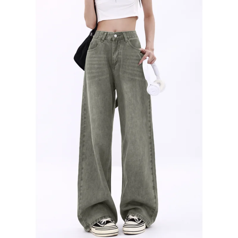 

Y2k Green NEW Loose Women's jeans American High Street Worn out Wide Leg Pants TIKTOK Hip-hop Rock and Roll Style Baggy Trousers