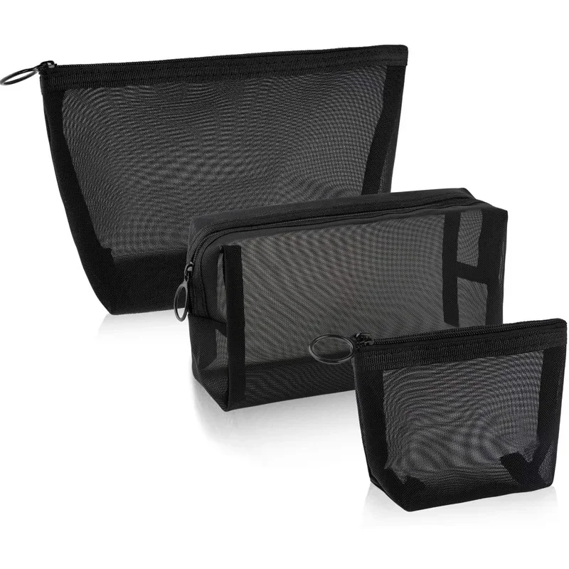 3PCS Zipper Make Up Toiletry Wash Bags Women Travel Black Mesh Cosmetic Bag Transparent Mesh Makeup Case Organizer Storage Pouch