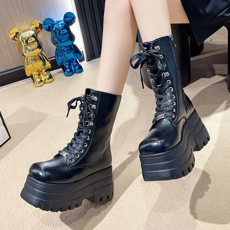 

Boots for Women Fashion Platform High Top Boots Quality Thick Sole Height Increase Medium Womens Trendy Short Boots Botas Mujer