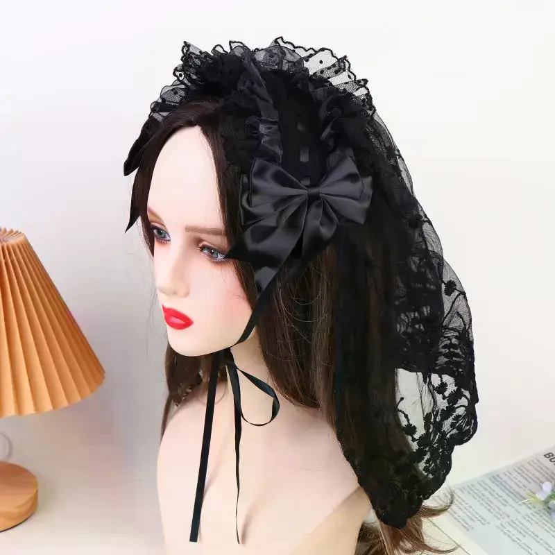 

Универсальная свадебная фата в стиле Лолита, готическая повязка на голову с темным кружевом, ангельский головной убор, аксессуары для волос с оборками для косплея
