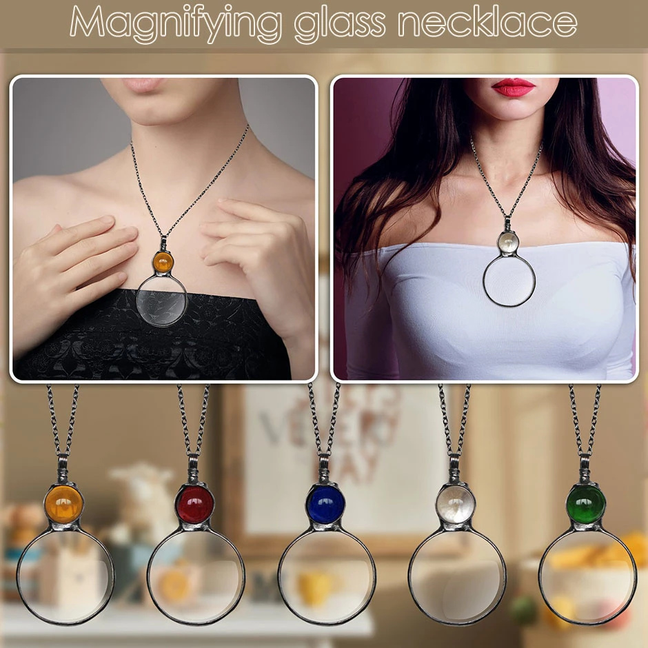 Natural Stone Bead Loupe Magnifying Glass Necklaces Long Chain Monocle Magnifier Sweater Pendant Necklace Gift for Grandma