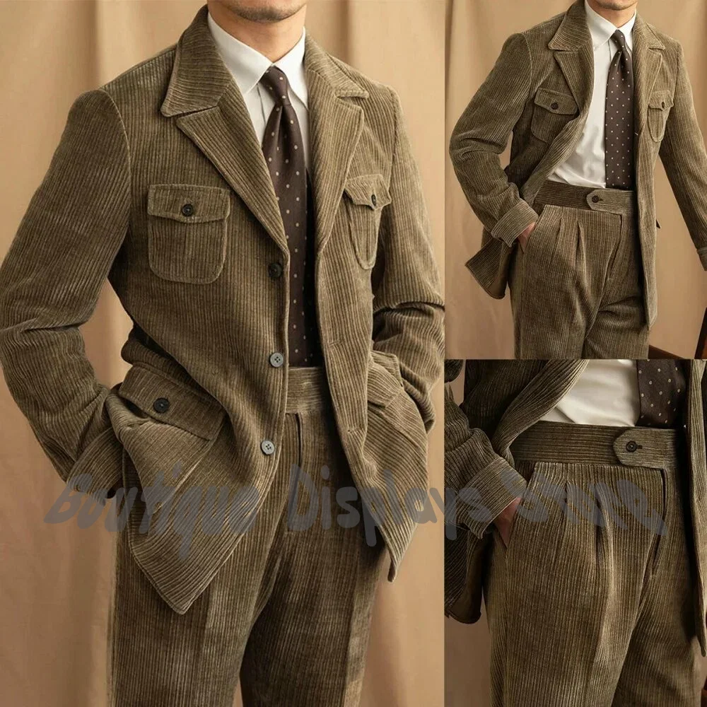 

Vintage Brown Corduroy Men Suit Set Peaked Lapel Blazer High Waist Trousers Daily Office Casual Business Wedding Party Wear