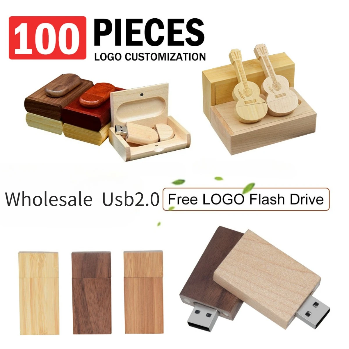 

100PCS LOT Free Custom Logo USB Flash Drive 128GB Wedding Gift Memory Stick 64GB Heart Pen Drive 32GB Wooden U disk 16GB