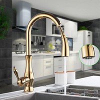 Golden Black Pull Out Kitchen Sink Faucet 360 Rotation Deck Mounted  Two Outlet Water Modes Cold Hot Mixer Tap