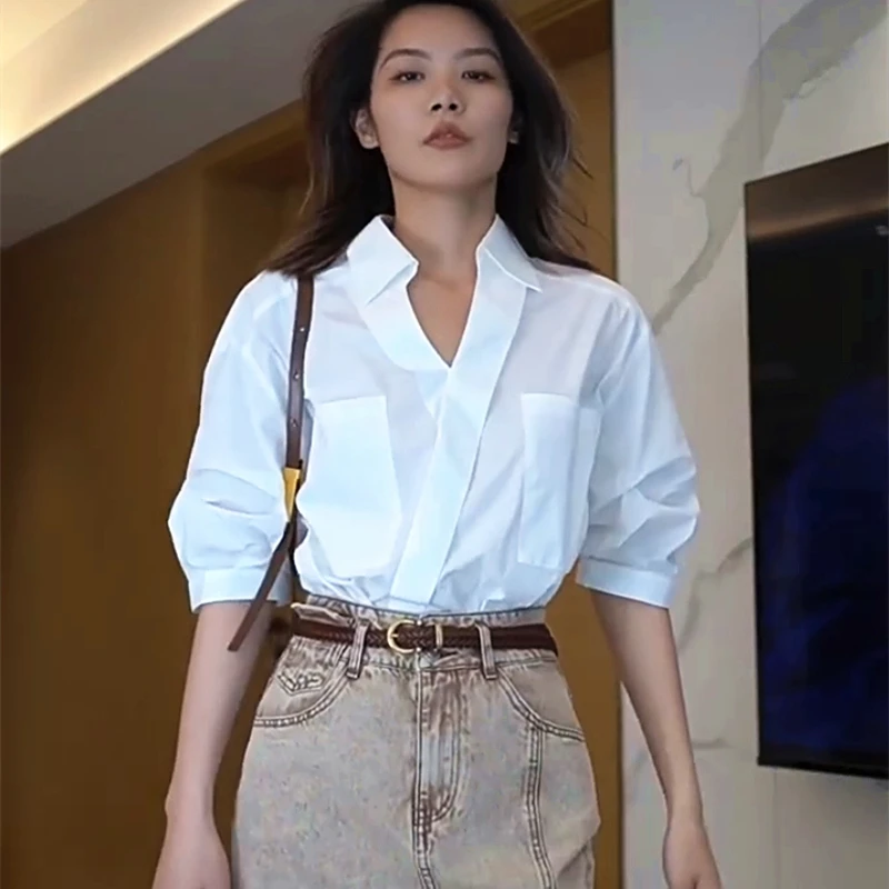 Office Lady Oversize Cotton Women Shirt 2024 Summer Half Sleeve Turn Down Collar White Shirts Pocket Work Blouse Female Clothing