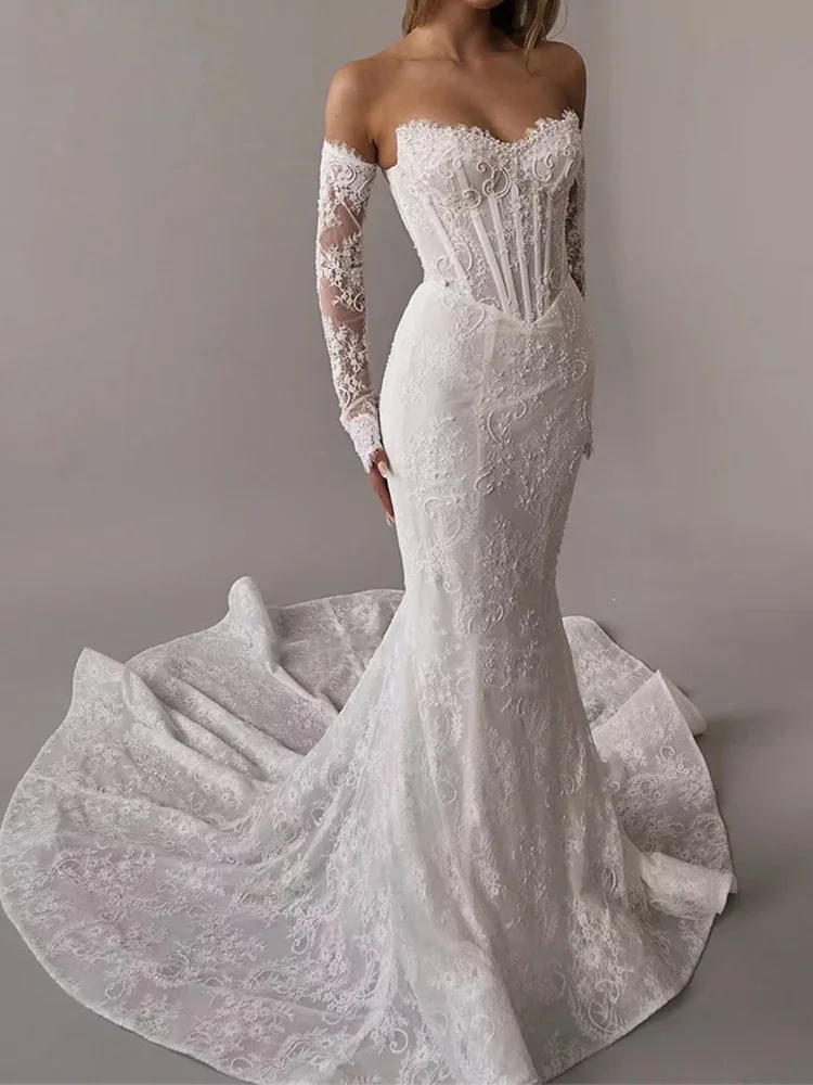 

Modern White Satin Lace Wedding Dresses Mermaid Court Train Bridal Gowns Customized