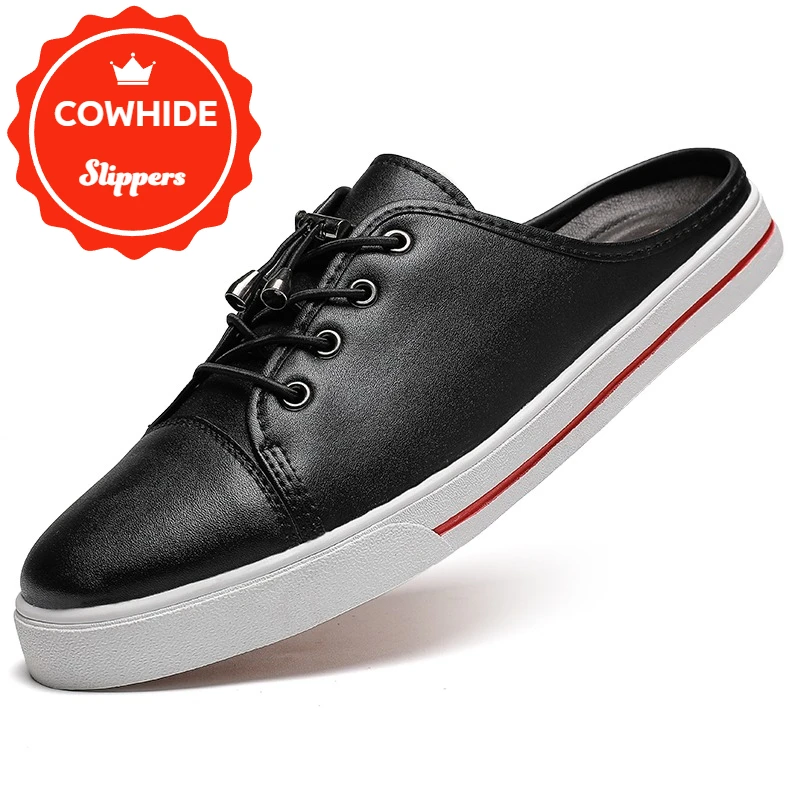 

Half-slippers for Men and Women 2025 Summer New Genuine Cowhide Breathable Flip-flops Without Heels for Couples on One Foot