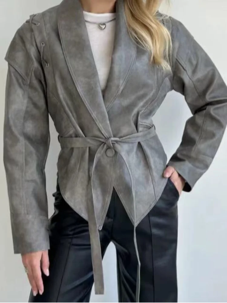 Vintage Women's Leather Jacket With Belt Slim Lace Up Lapel Long Sleeve Locomotive Coat 2025 Autumn Lady High Street Y2k Outwear