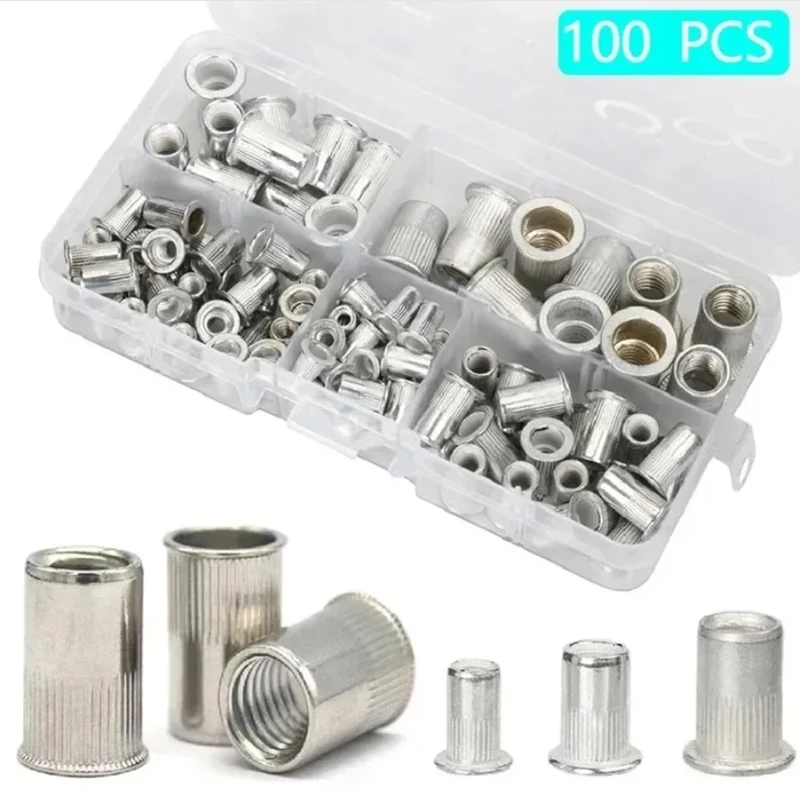 

100Pcs M3 M4 M5 M6 M8 Aluminum Flat Head Rivet Nuts Set Rivet Nuts Insert Rivets Mix Size Premium Automatic Rivet Tool Set