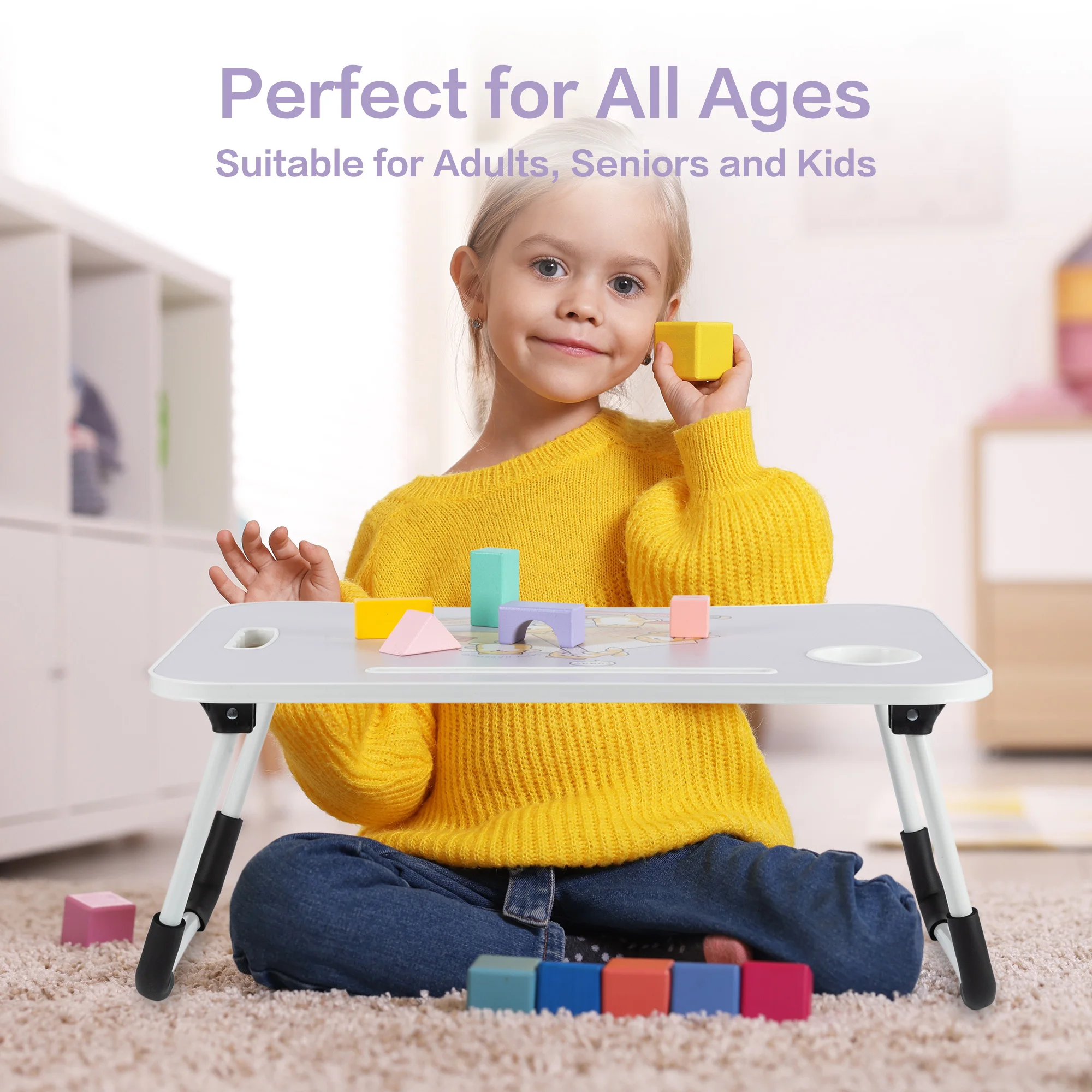 مكتب ديلي قابل للطي مقاس 23.6 بوصة مع حامل أكواب ودرج وفتحة للكمبيوتر اللوحي وصينية محمولة للسرير والأريكة #5